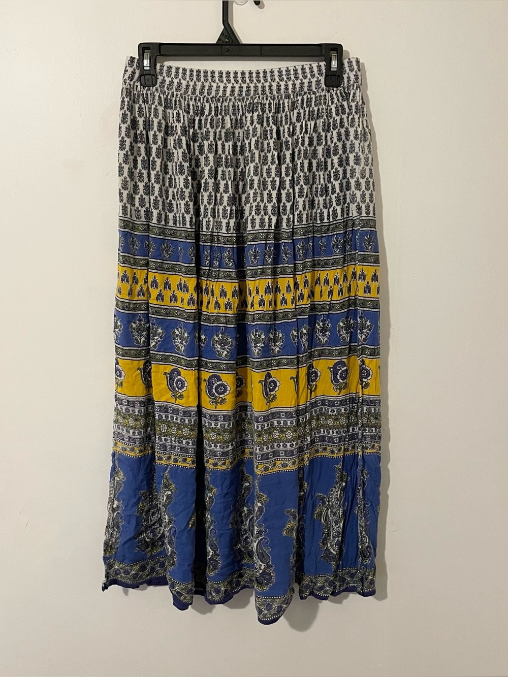 Earthbound Trading Co Blue Yellow Bohemian Midi Skirt Boho Slits Size Medium